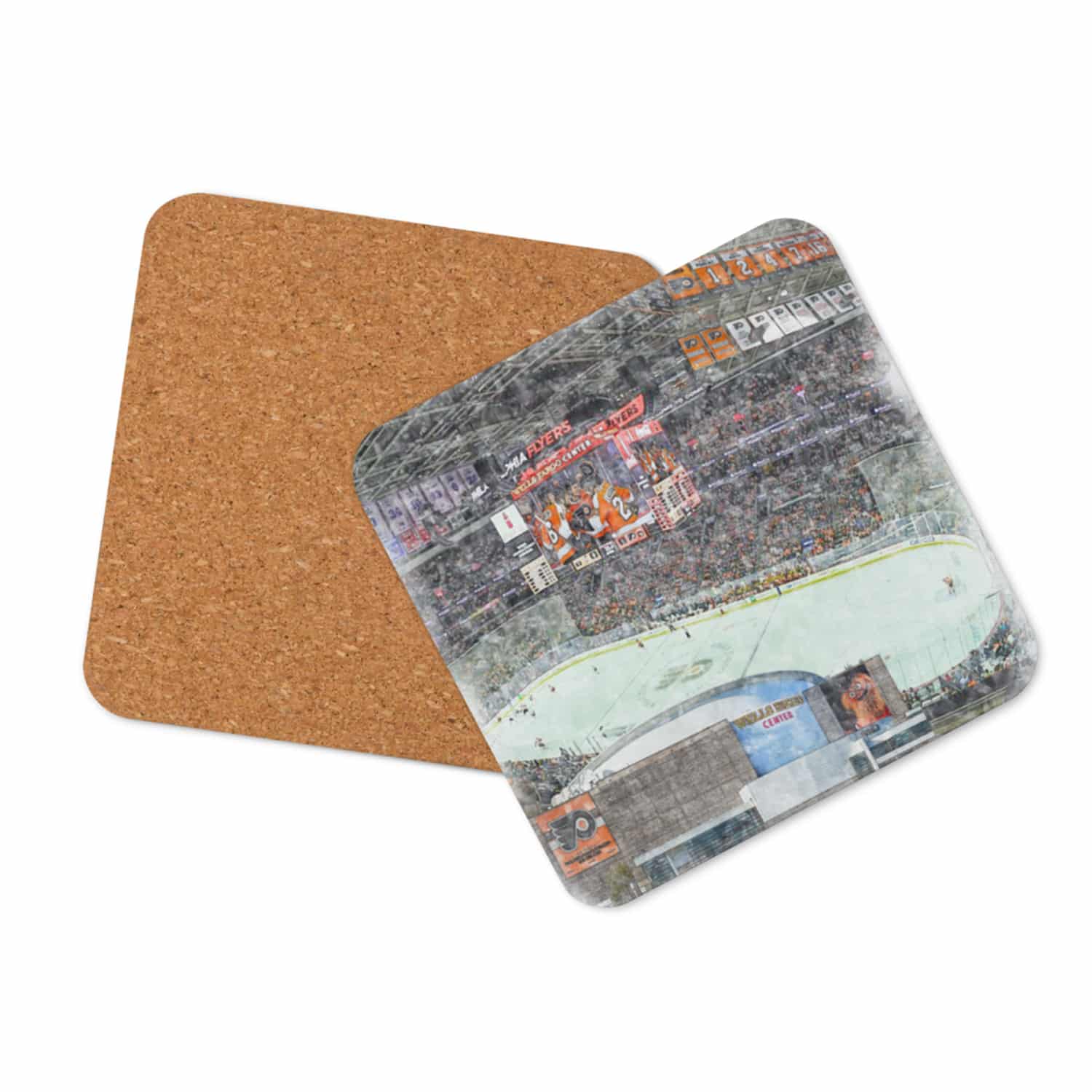 nhl-phi-cstr-7 Wells Fargo Center High Gloss Coated, Cork-Backed Drink Coaster, Philadelphia Flyers Hockey