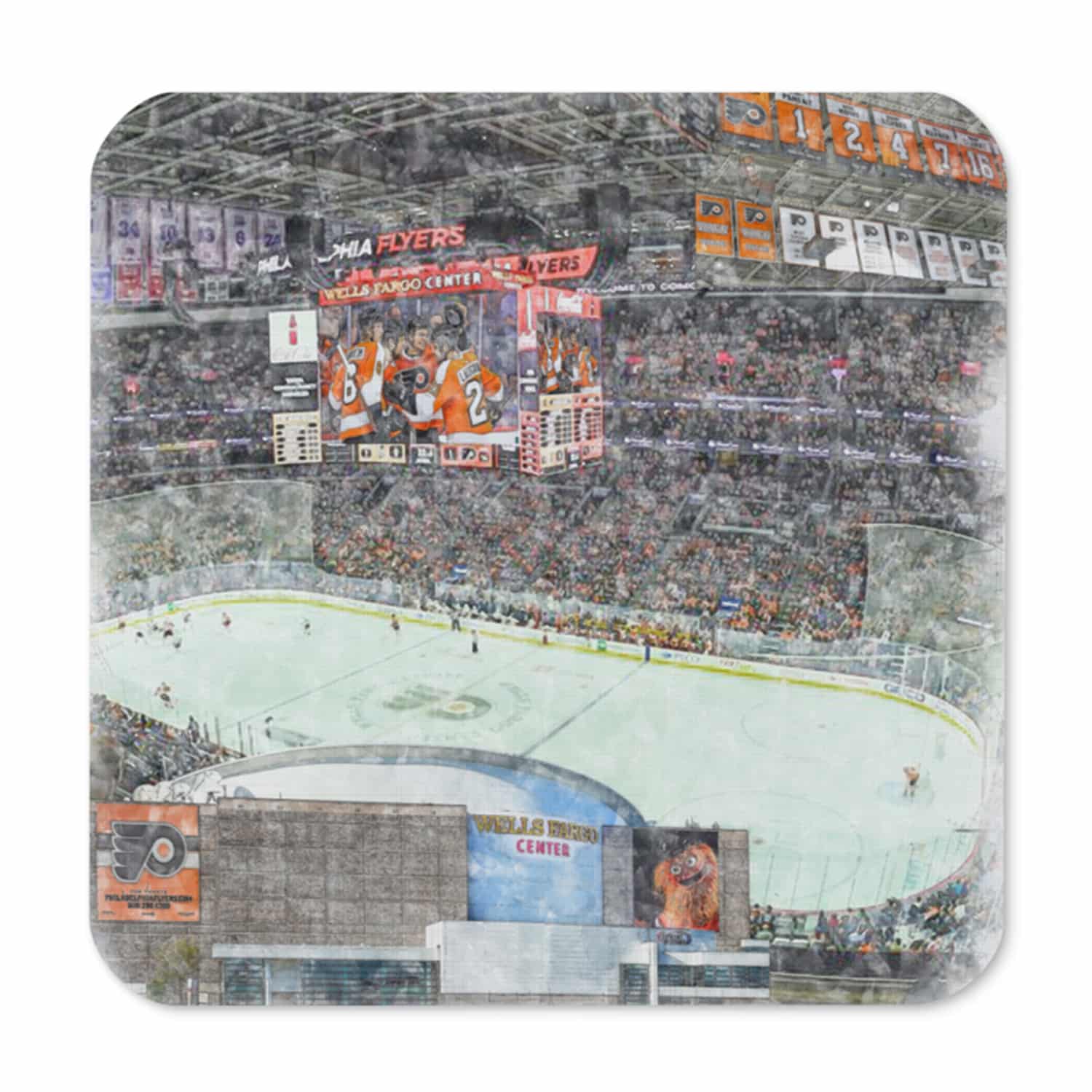 nhl-phi-cstr-8 Wells Fargo Center High Gloss Coated, Cork-Backed Drink Coaster, Philadelphia Flyers Hockey