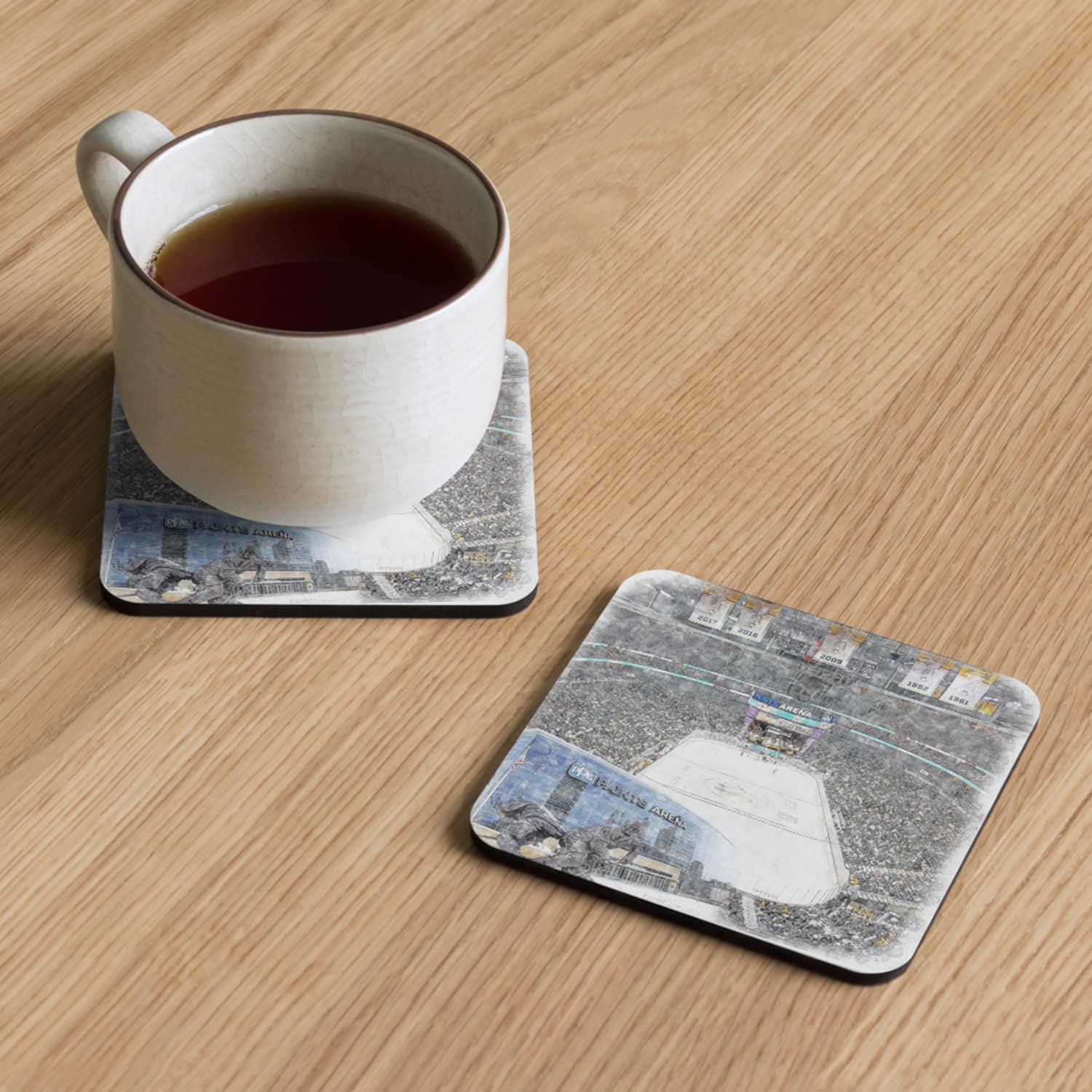 nhl-pit-cstr-1 PPG Paints Arena High Gloss Coated, Cork-Backed Drink Coaster, Pittsburgh Penguins Hockey