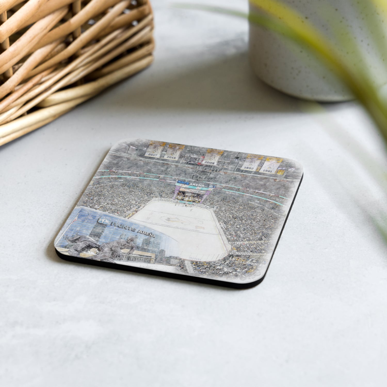 nhl-pit-cstr-2 PPG Paints Arena High Gloss Coated, Cork-Backed Drink Coaster, Pittsburgh Penguins Hockey