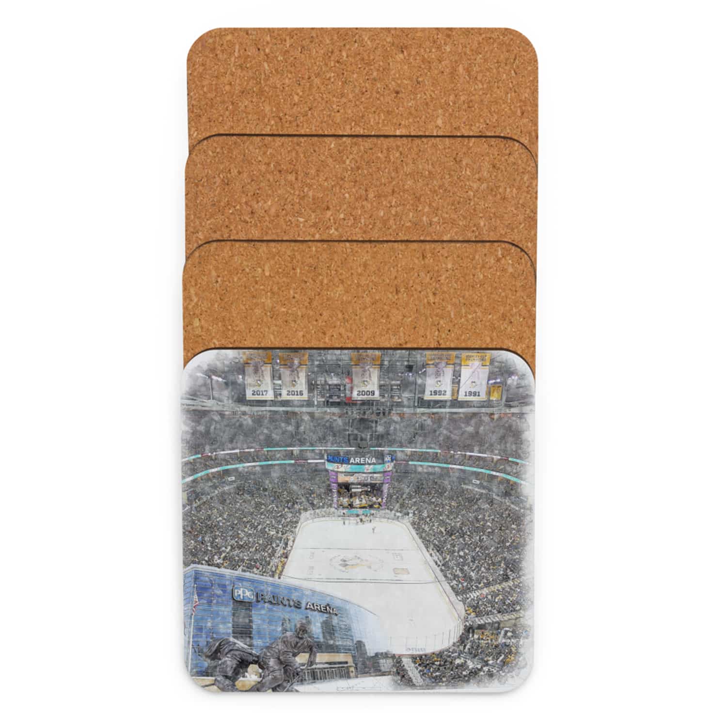 nhl-pit-cstr-4 PPG Paints Arena High Gloss Coated, Cork-Backed Drink Coaster, Pittsburgh Penguins Hockey