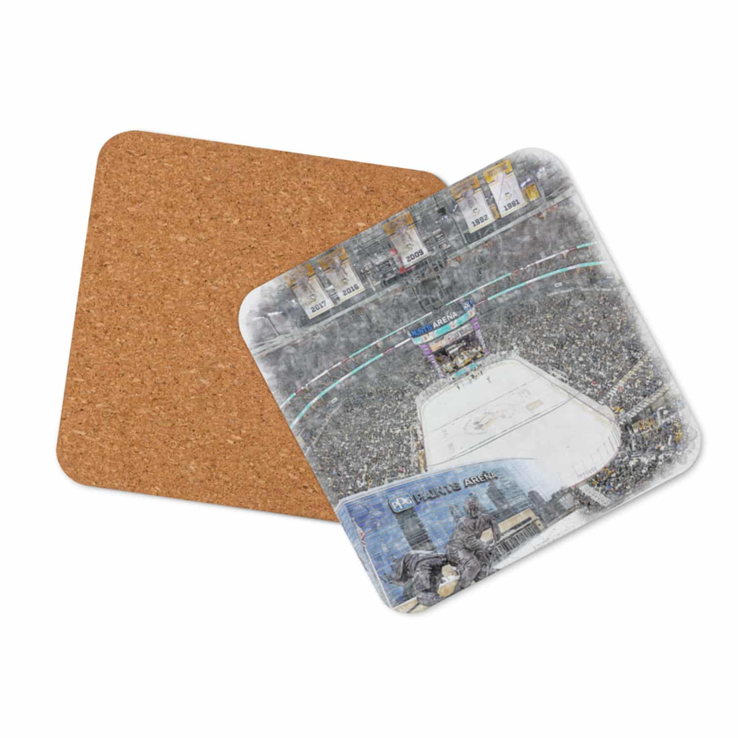nhl-pit-cstr-7 PPG Paints Arena High Gloss Coated, Cork-Backed Drink Coaster, Pittsburgh Penguins Hockey