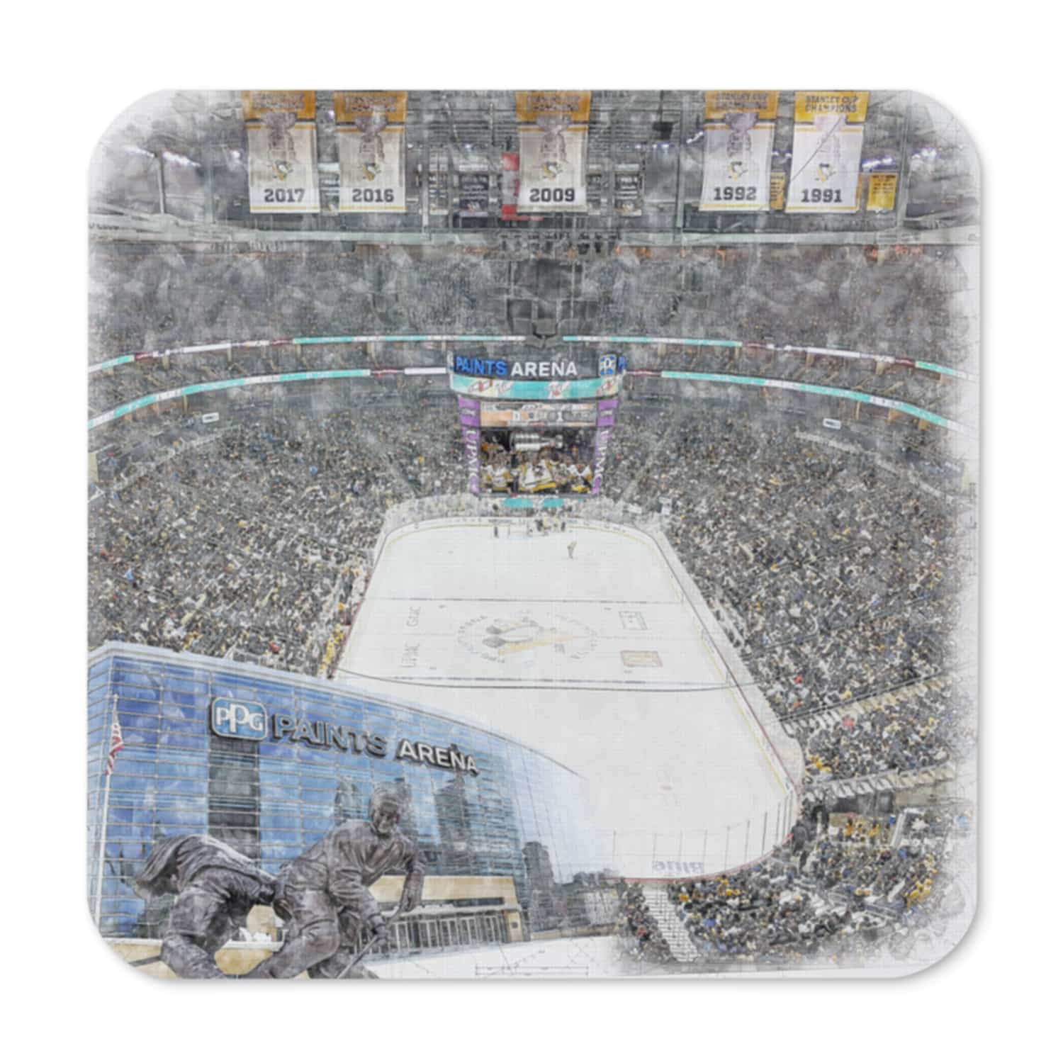 nhl-pit-cstr-8 PPG Paints Arena High Gloss Coated, Cork-Backed Drink Coaster, Pittsburgh Penguins Hockey