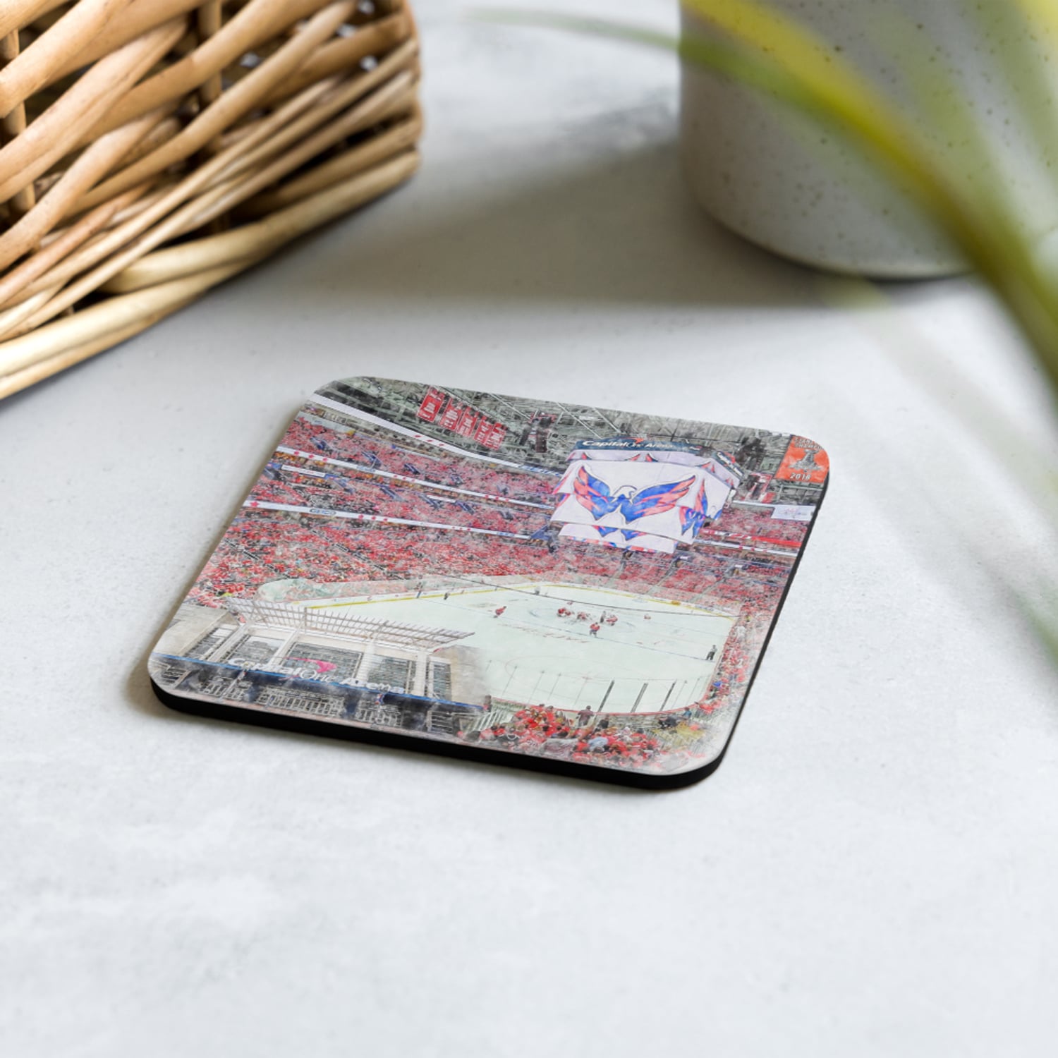 nhl-was-cstr-2 Capital One Arena High Gloss Coated, Cork-Backed Drink Coaster, Washington Capitals Hockey