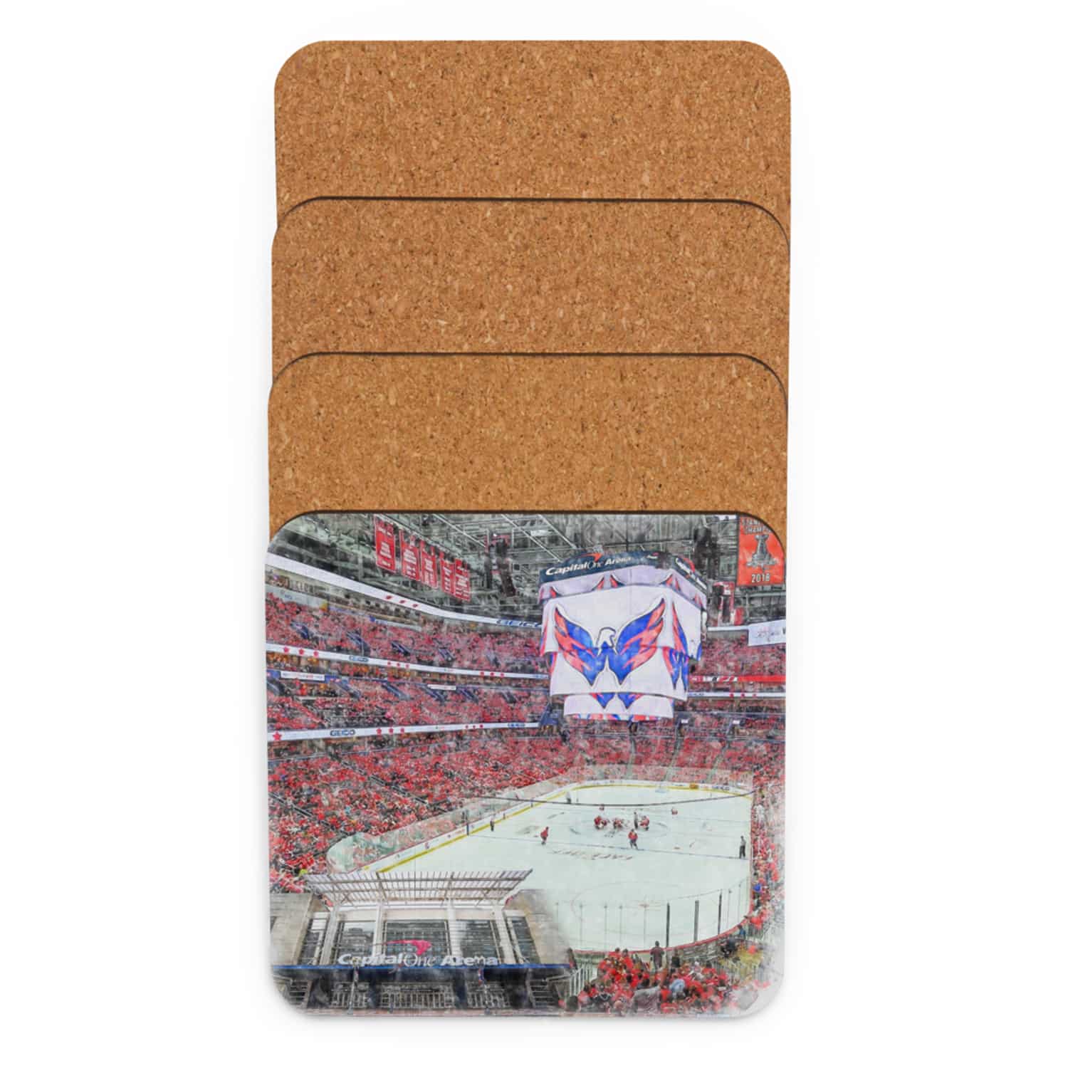 nhl-was-cstr-4 Capital One Arena High Gloss Coated, Cork-Backed Drink Coaster, Washington Capitals Hockey