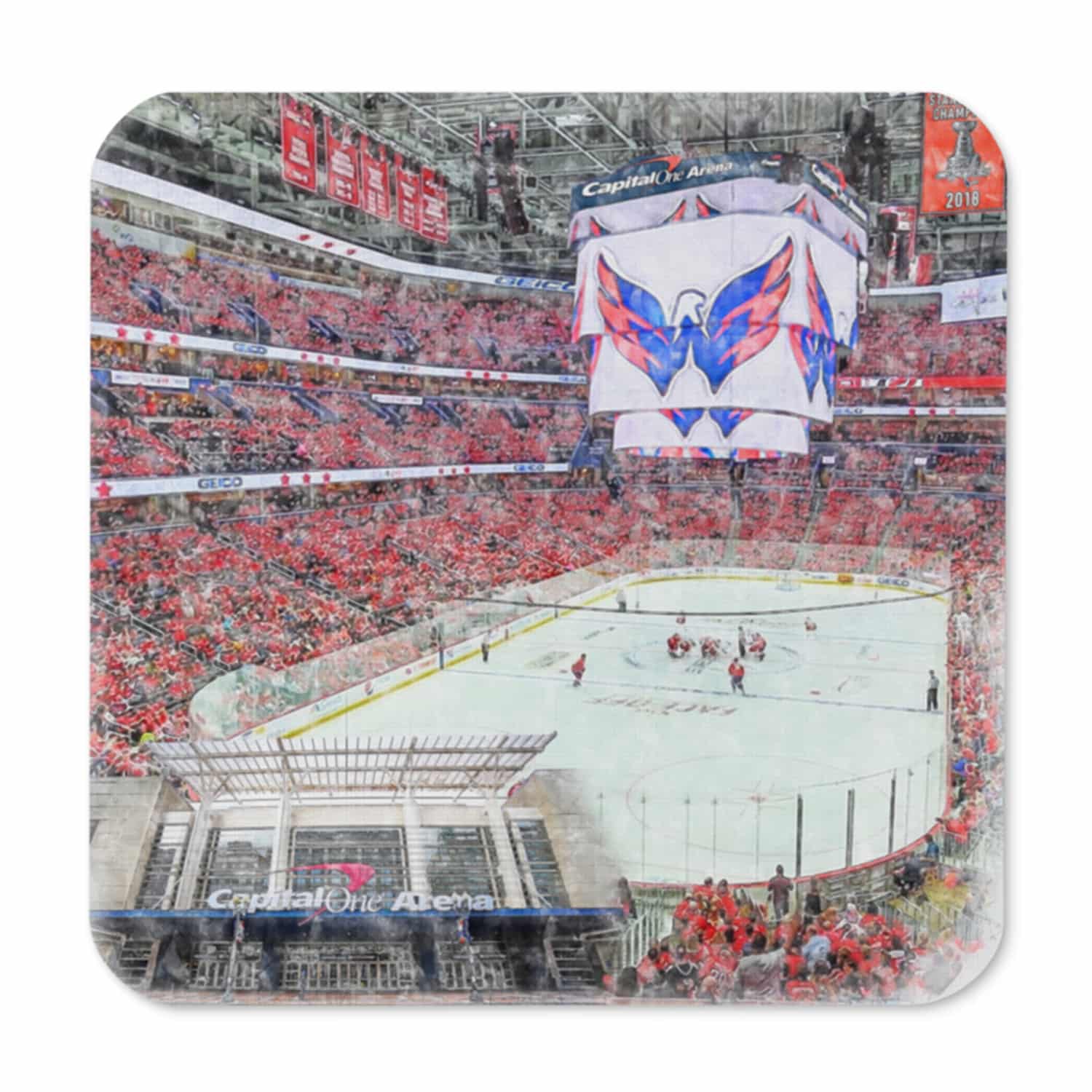 nhl-was-cstr-8 Capital One Arena High Gloss Coated, Cork-Backed Drink Coaster, Washington Capitals Hockey