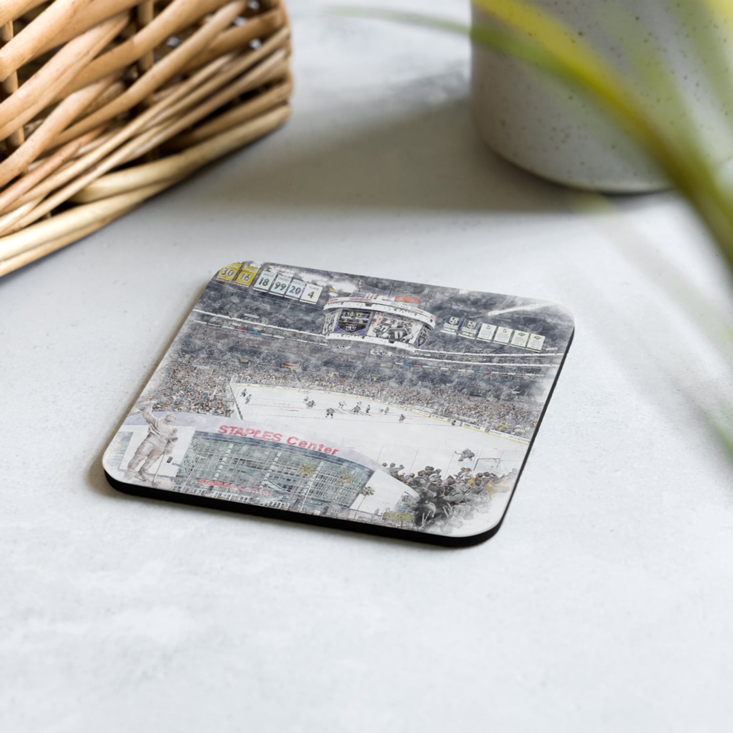 nhl-lak-cstr-2 STAPLES Center High Gloss Coated, Cork-Backed Drink Coaster, Los Angeles Kings Hockey