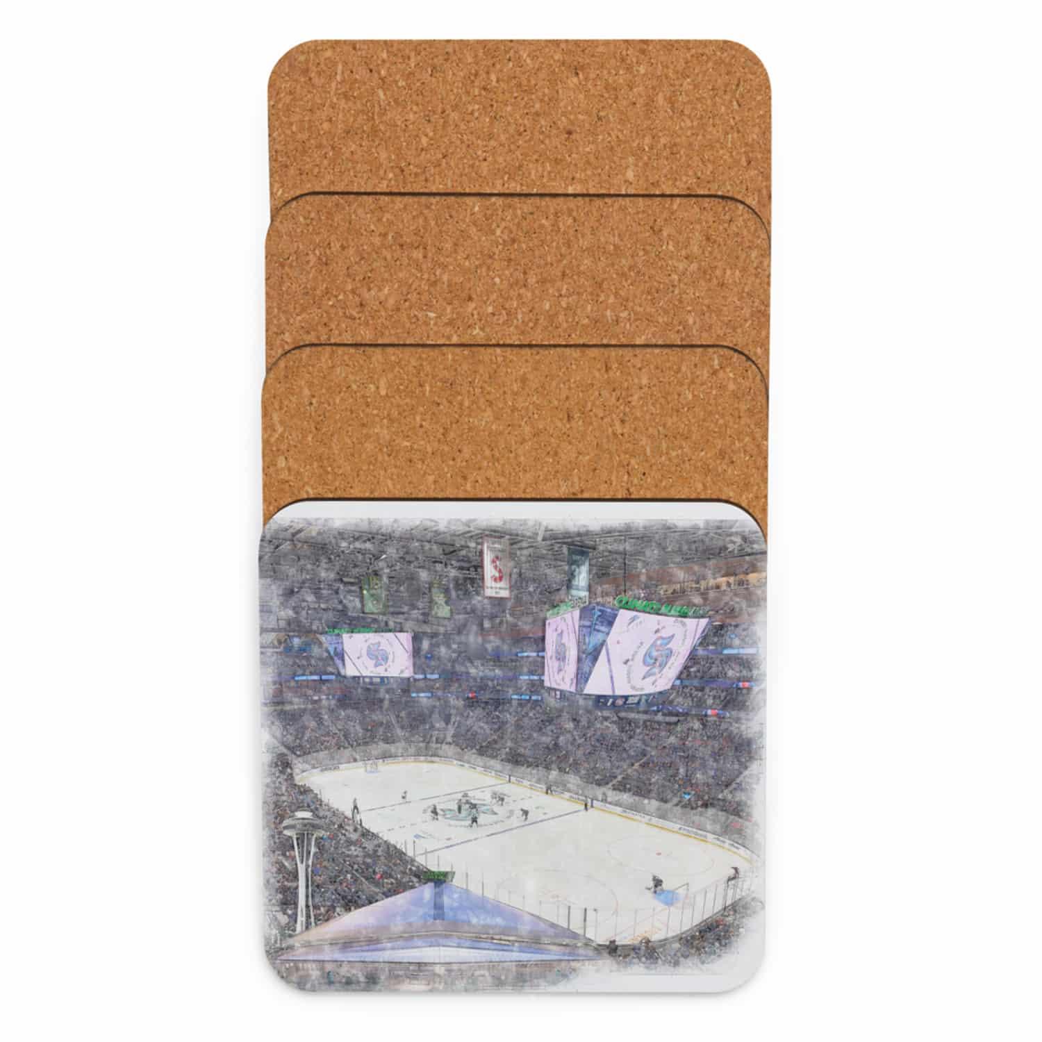 nhl-sea-cstr-4 Climate Pledge Arena High Gloss Coated, Cork-Backed Drink Coaster, Seattle Kraken Hockey