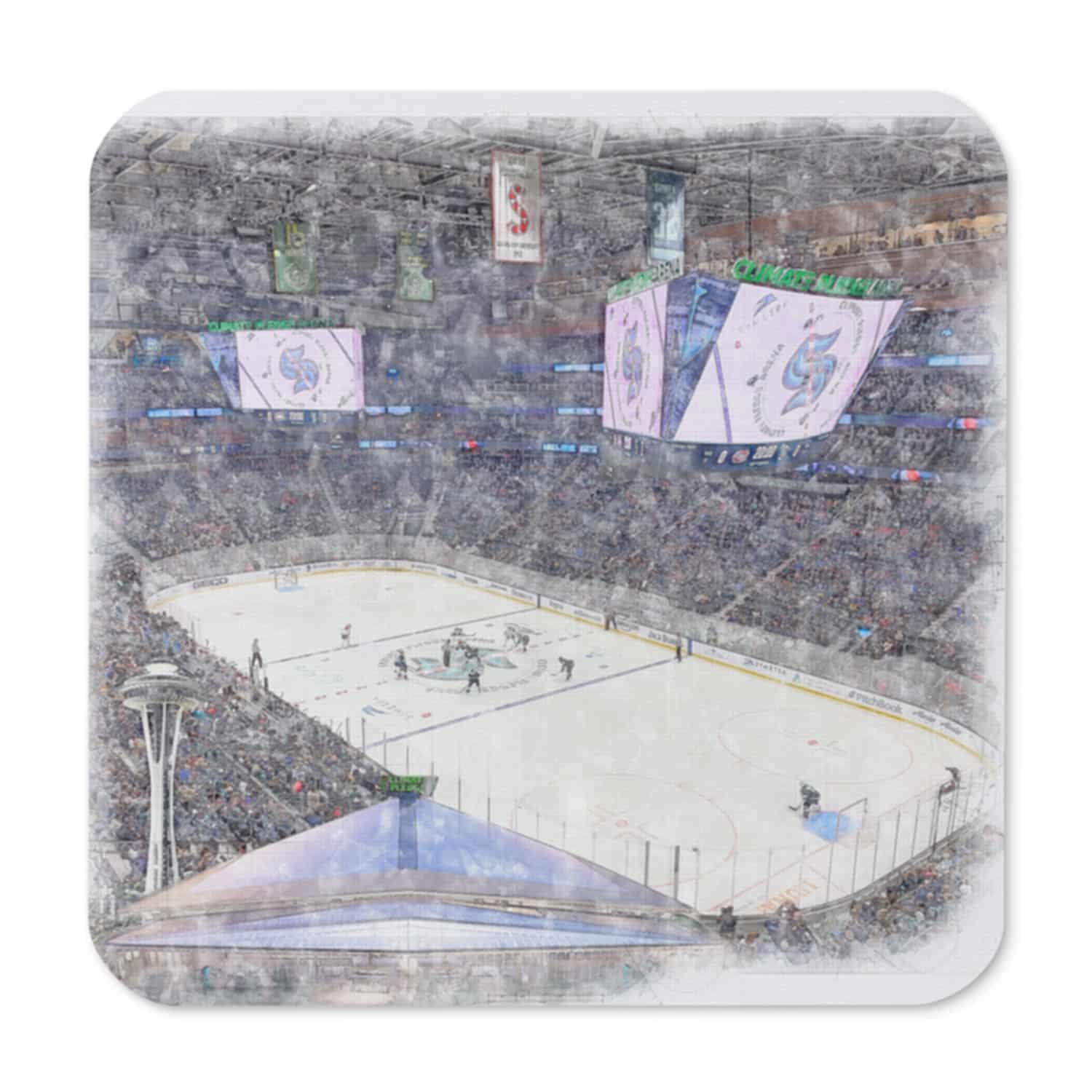 nhl-sea-cstr-7 Climate Pledge Arena High Gloss Coated, Cork-Backed Drink Coaster, Seattle Kraken Hockey