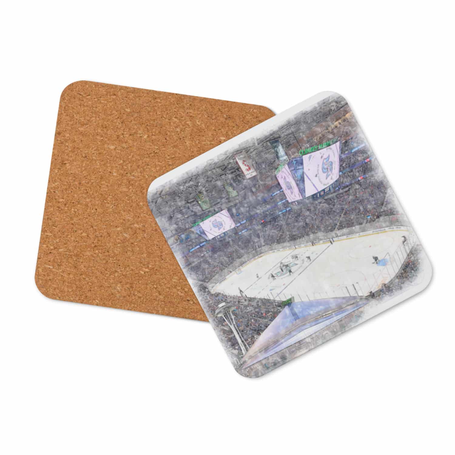 nhl-sea-cstr-8 Climate Pledge Arena High Gloss Coated, Cork-Backed Drink Coaster, Seattle Kraken Hockey