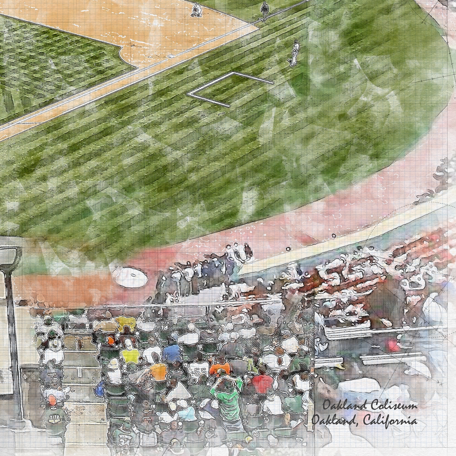close-mlb-oak-ltd_04 Limited Edition, Pre Mt. Davis Oakland Coliseum Print, Oakland Athletics Baseball Stadium Art
