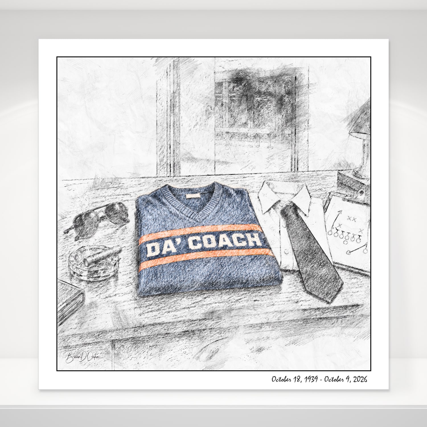 “Da’ Coach” A Tribute to Mike Ditka, Chicago – Limited Edition Black & White Sketch, 12″ x 12″ Fine Art Print