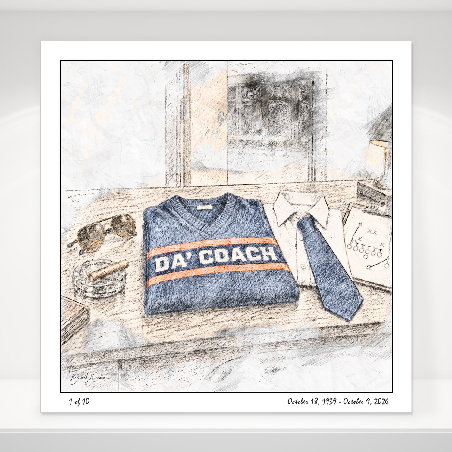 “Da’ Coach” A Tribute to Mike Ditka, Chicago – Limited Edition Black & White Sketch, 12″ x 12″ Fine Art Print